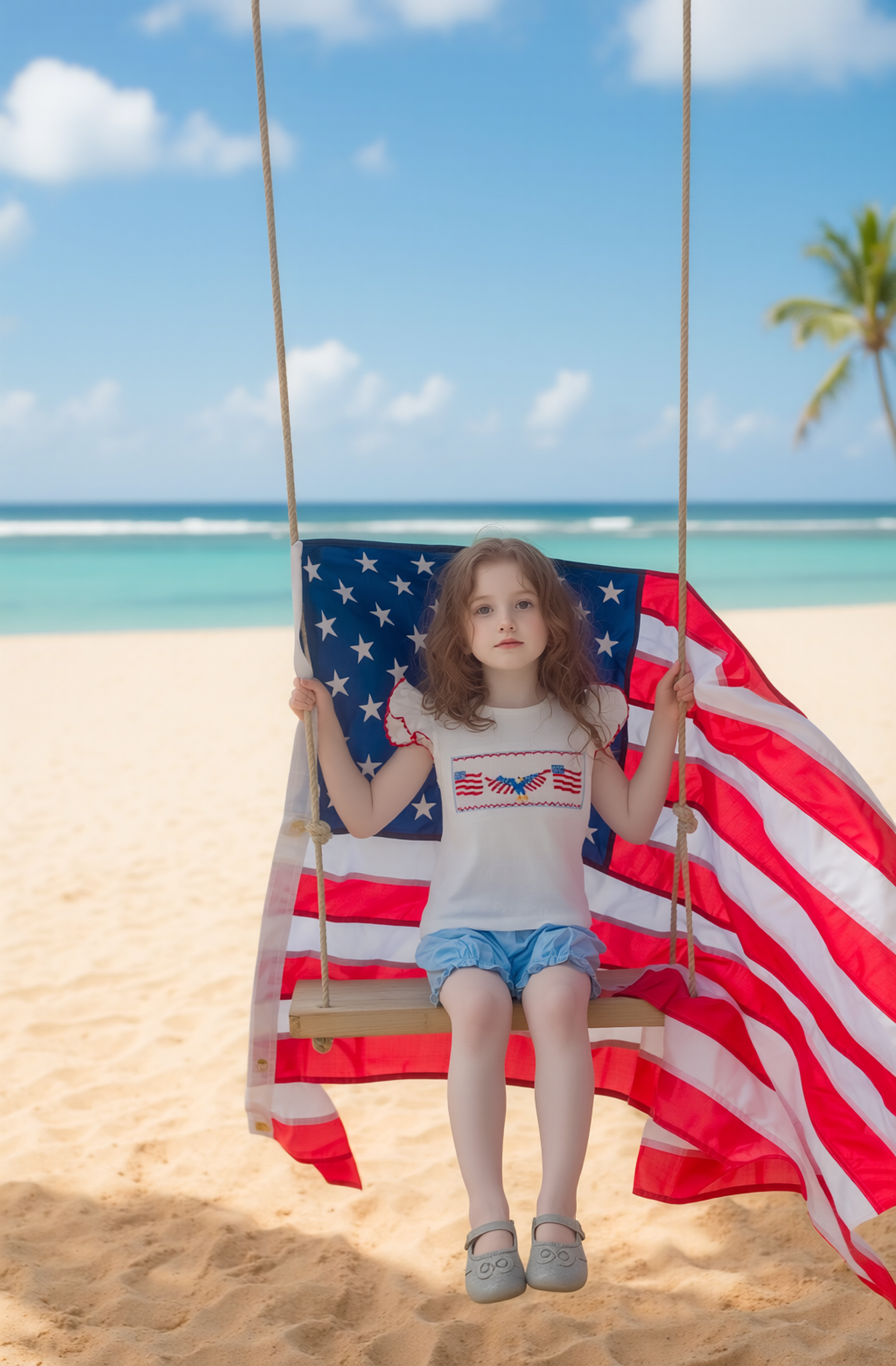 Blue Gingham FLAG SMOCKED Angel Wing Short Set