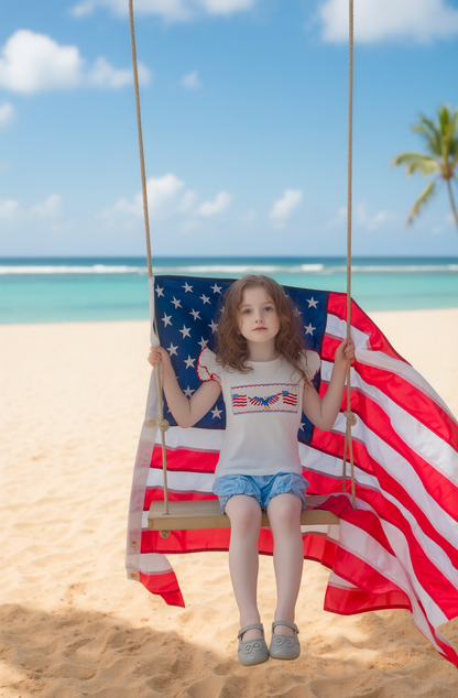 Blue Gingham FLAG SMOCKED Angel Wing Short Set