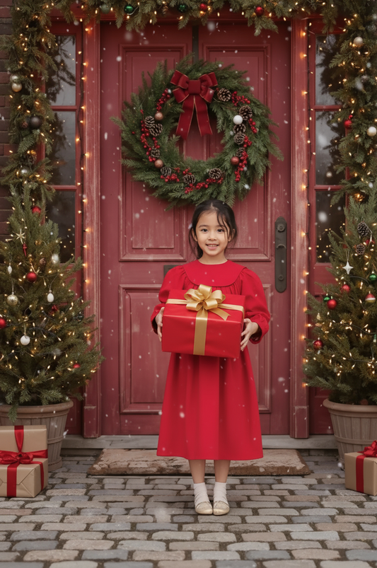 Red Corduroy Long Sleeve Girl Dress With Round Collar Monogramable