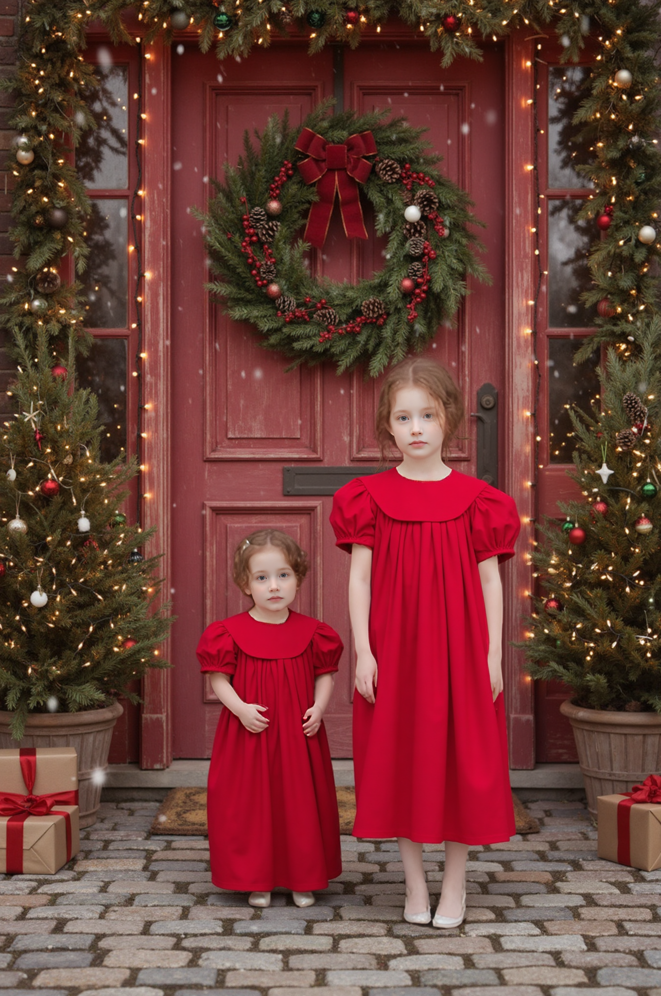 Red Corduroy Girl Dress With Round Collar Monogramable