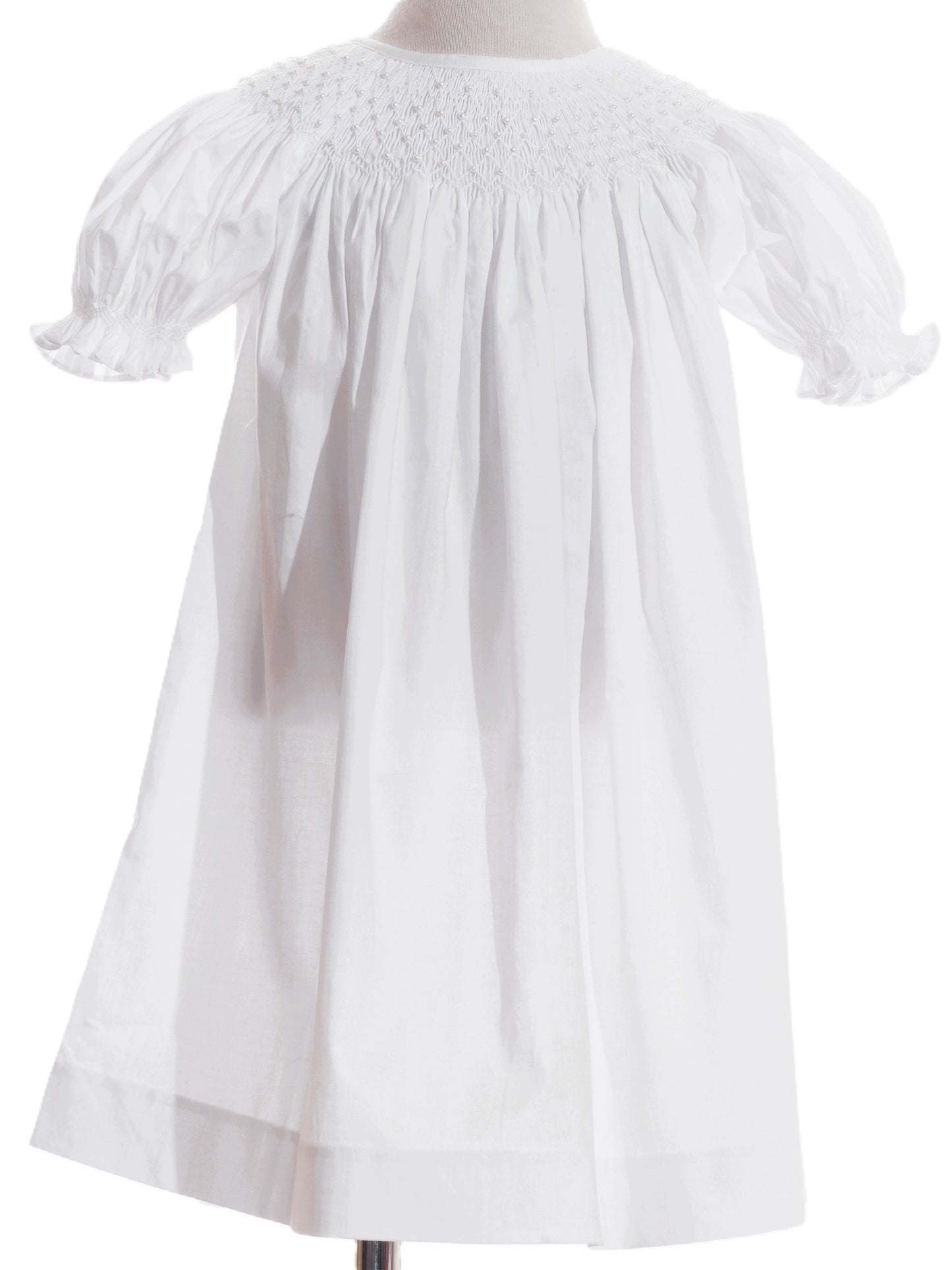 White Geometric Smocked with Pearl Short Bishop Sleeve Dress