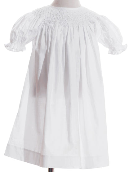 White Geometric Smocked with Pearl Short Bishop Sleeve Dress