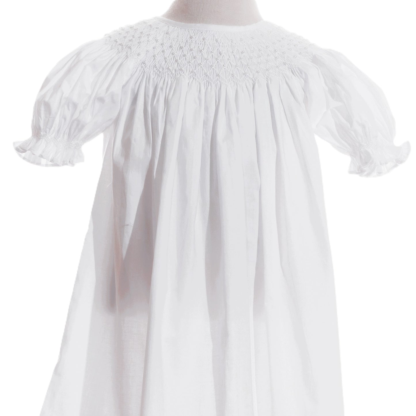 White Geometric Smocked with Pearl Short Bishop Sleeve Dress