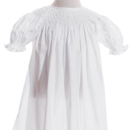 White Geometric Smocked with Pearl Short Bishop Sleeve Dress