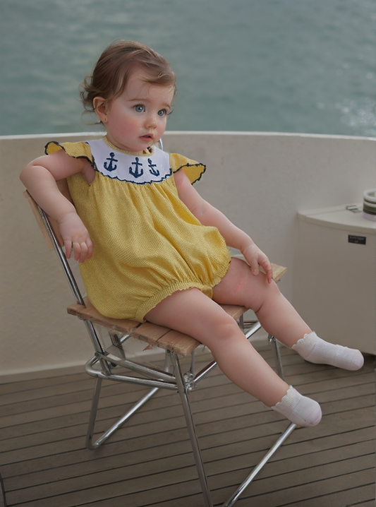 Yellow Gingham Anchors Smocked Angel Wing Sleeve Bubble