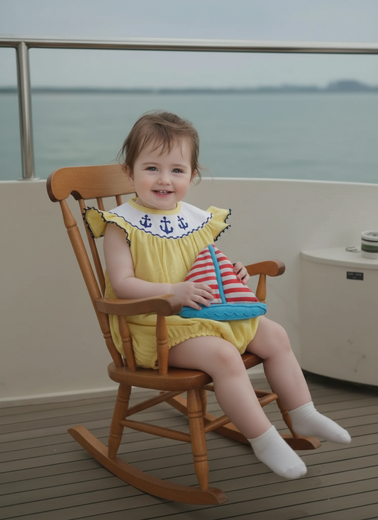 Yellow Gingham Anchors Smocked Angel Wing Sleeve Bubble