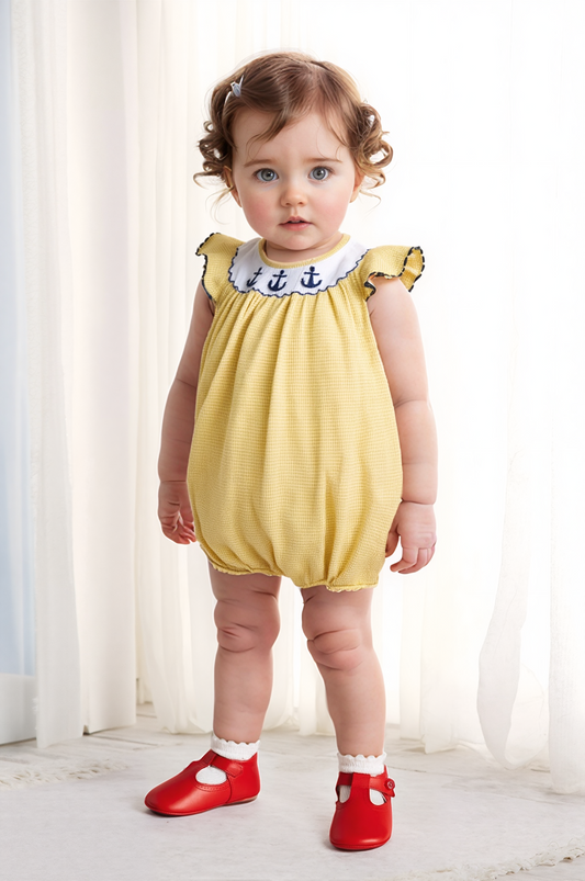 Yellow Gingham Anchors Smocked Angel Wing Sleeve Romper