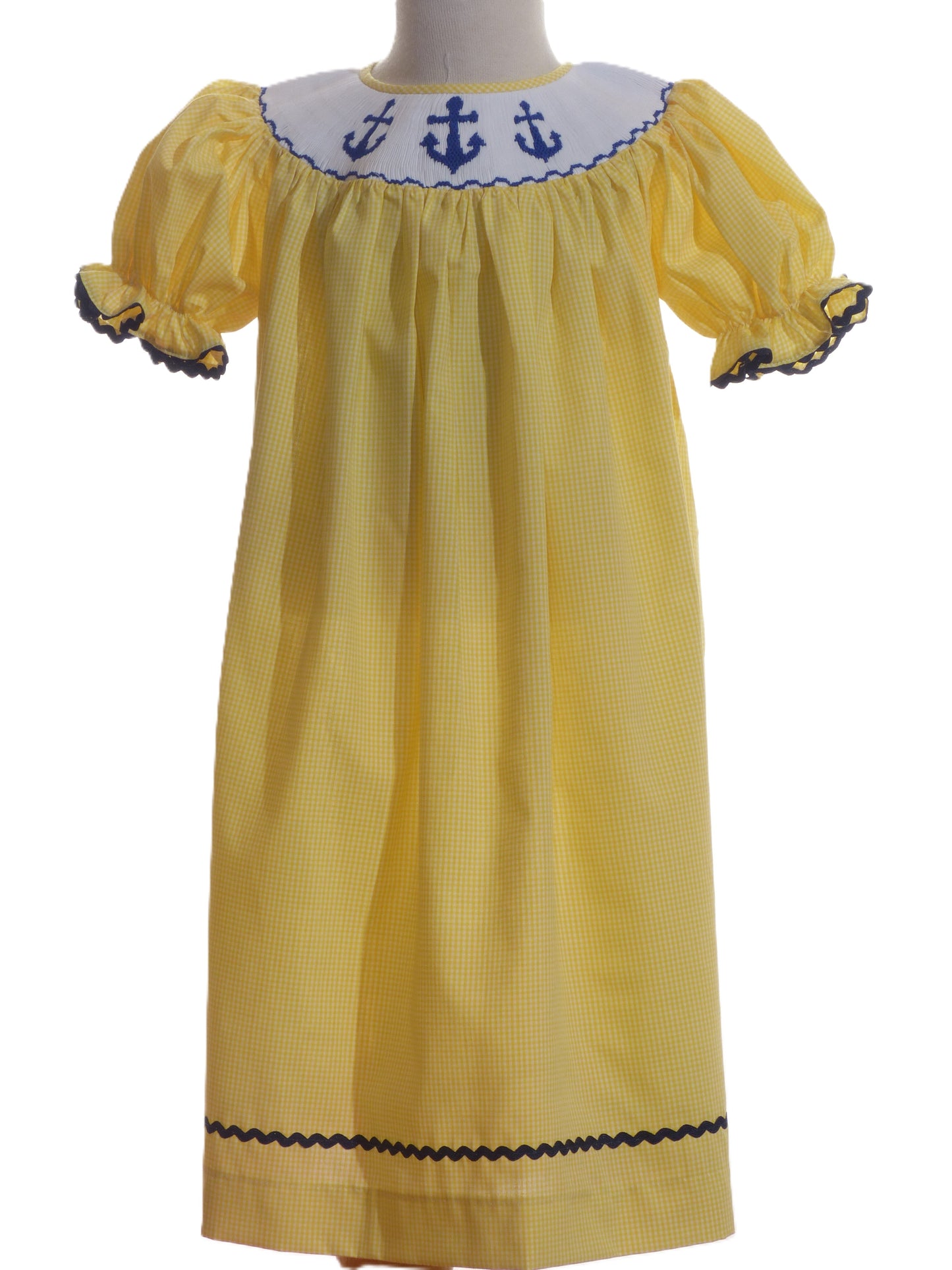 Yellow Gingham Anchors Smocked Short Bishop Sleeve Dress