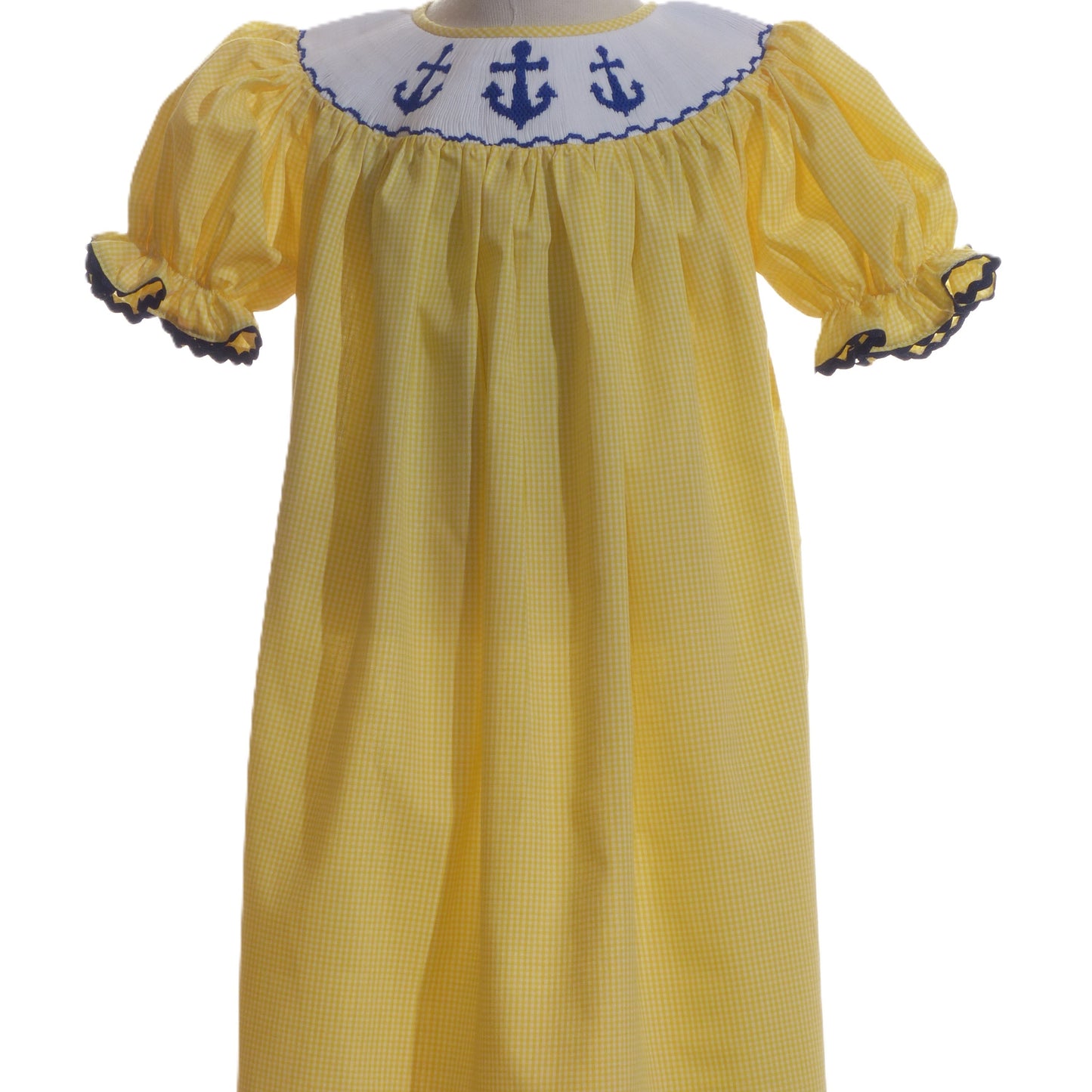 Yellow Gingham Anchors Smocked Short Bishop Sleeve Dress