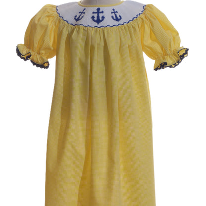 Yellow Gingham Anchors Smocked Short Bishop Sleeve Dress