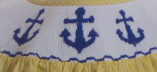 Yellow Gingham Anchors Smocked Short Bishop Sleeve Dress