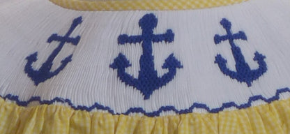 Yellow Gingham Anchors Smocked Angel Wing Sleeve Bubble