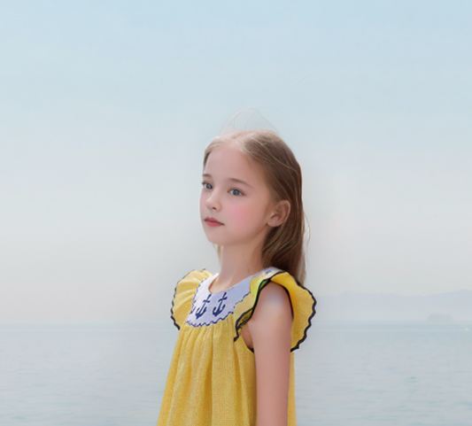 Yellow Gingham Anchors Smocked Angel Wing Sleeve Dress