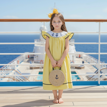 Yellow Gingham Anchors Smocked Angel Wing Sleeve Dress