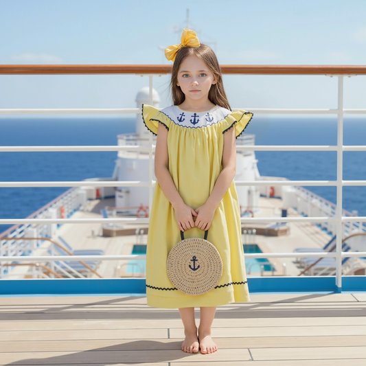 Yellow Gingham Anchors Smocked Angel Wing Sleeve Dress