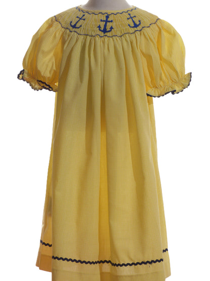 Yellow Gingham Anchors Smocked Short Sleeve Bishop Dress