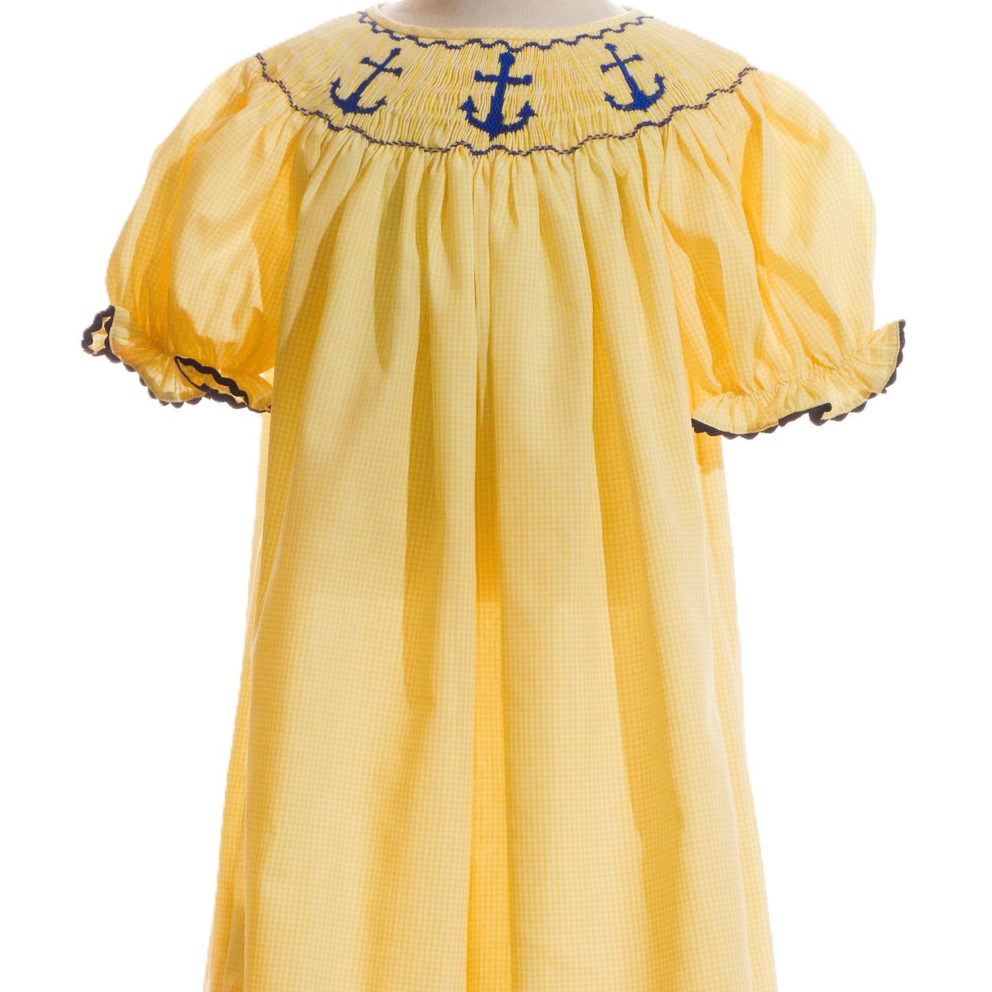 Yellow Gingham Anchors Smocked Short Sleeve Bishop Dress