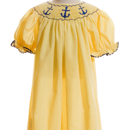 Yellow Gingham Anchors Smocked Short Sleeve Bishop Dress