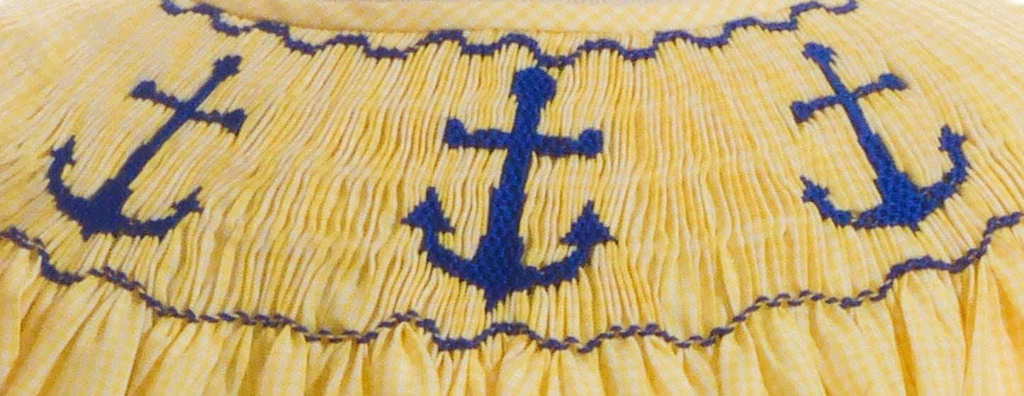 Yellow Gingham Anchors Smocked Short Sleeve Bishop Dress