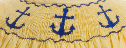 Yellow Gingham Anchors Smocked Short Sleeve Bishop Dress