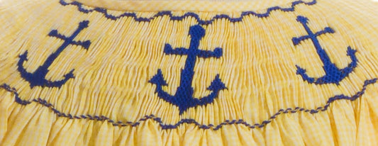 Yellow Gingham Anchors Smocked Short Sleeve Bishop Dress