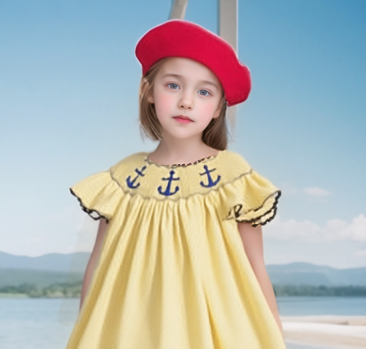 Yellow Gingham Anchors Smocked Angel Wing Sleeve Dress