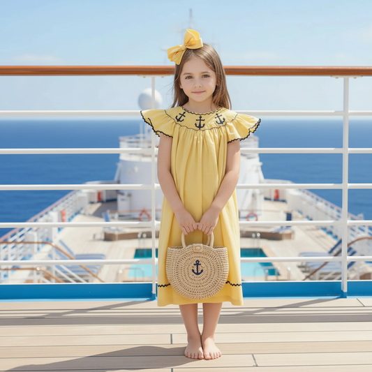 Yellow Gingham Anchors Smocked Angel Wing Sleeve Dress