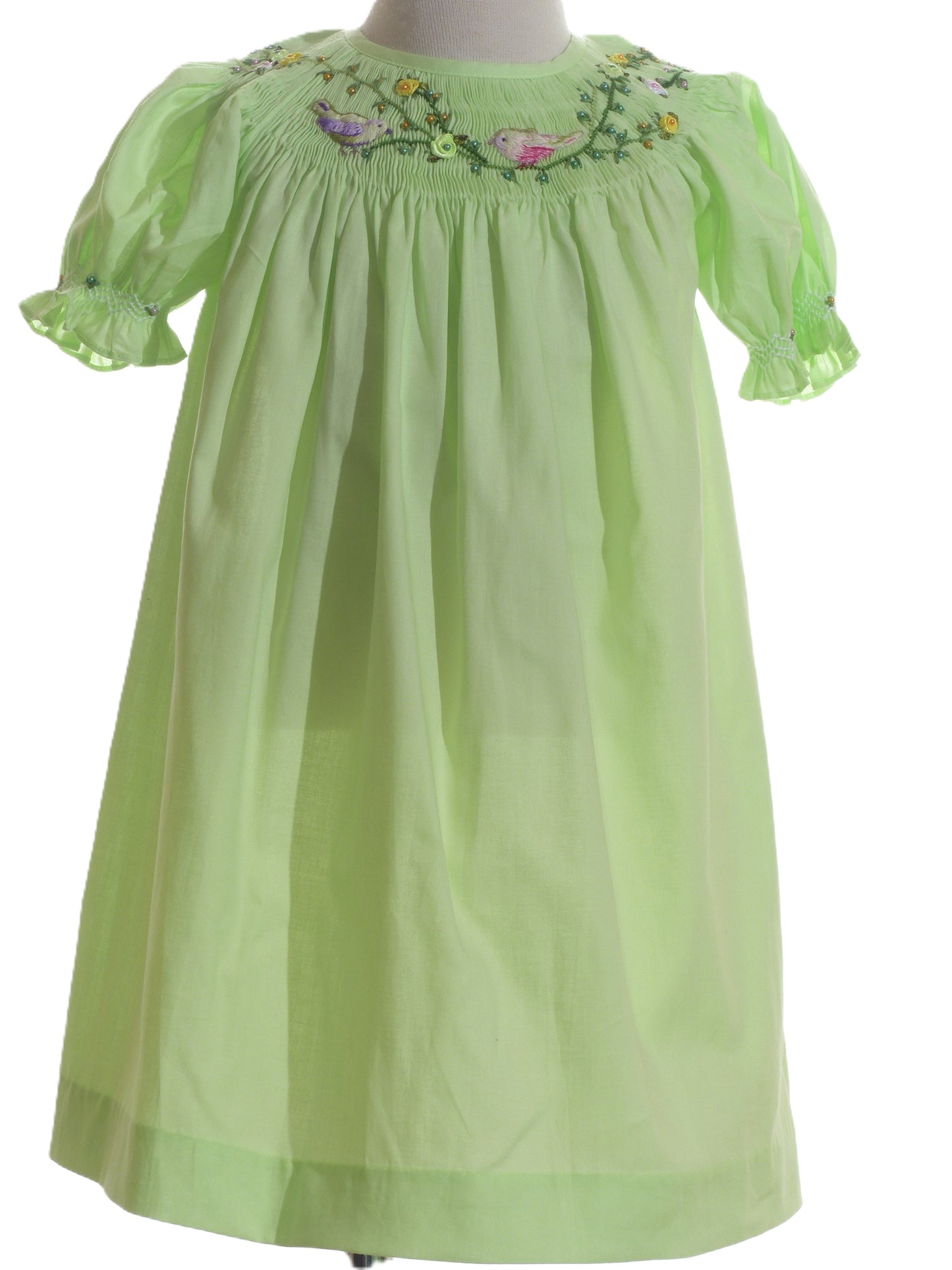 Green Geo Smocked With Birds Embroidered Short Sleeve Dress