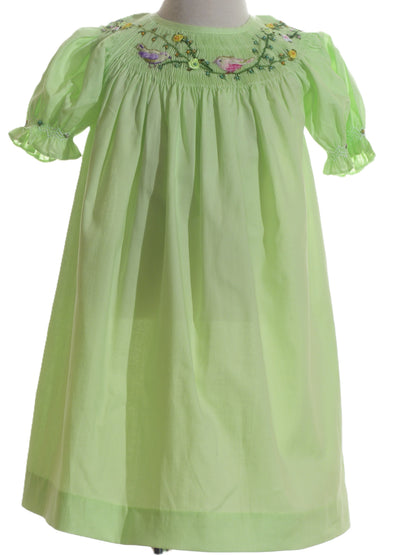 Green Geo Smocked With Birds Embroidered Short Sleeve Dress