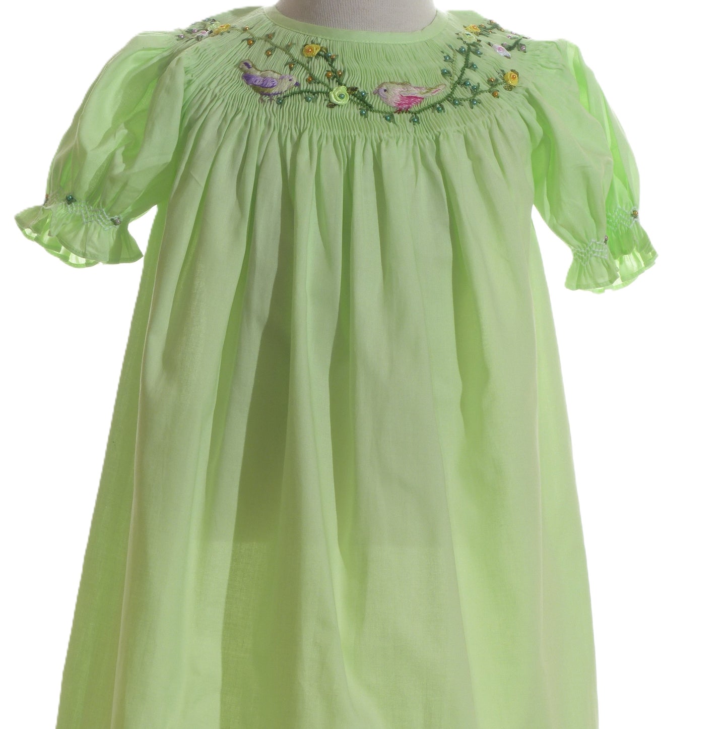 Green Geo Smocked With Birds Embroidered Short Sleeve Dress