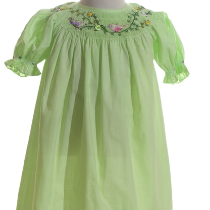 Green Geo Smocked With Birds Embroidered Short Sleeve Dress