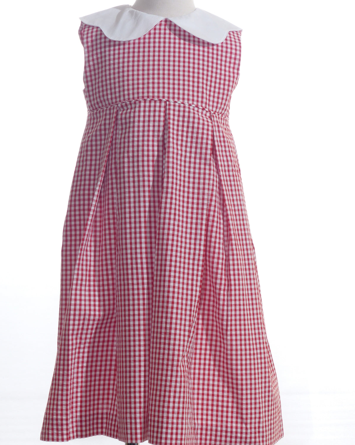 Red Gingham Sleeveless Girl Dress With Wide Peter Pan Collar and Pleated Front