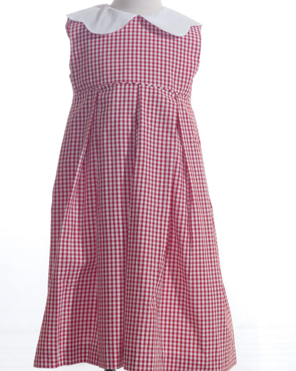 Red Gingham Sleeveless Girl Dress With Wide Peter Pan Collar and Pleated Front