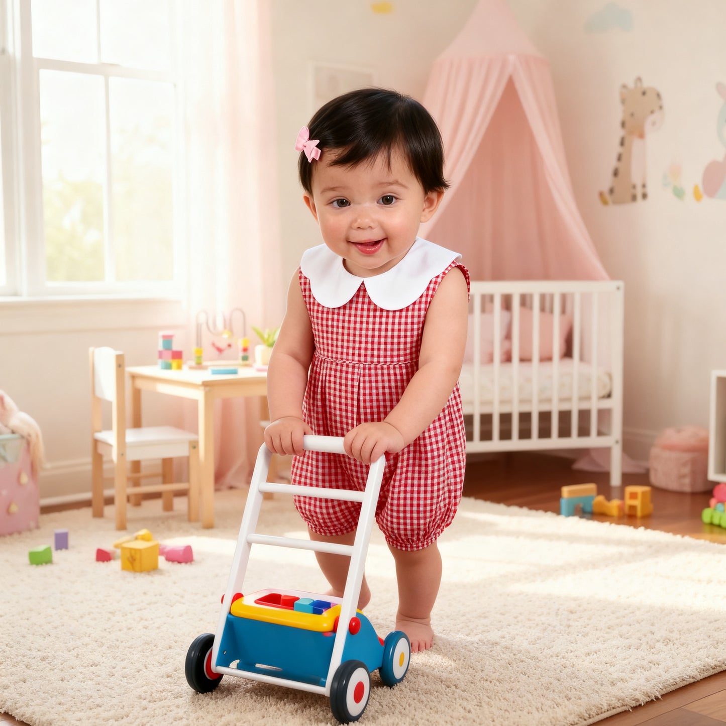 Red Gingham Sleeveless Girl Bubble With Scalloped Collar