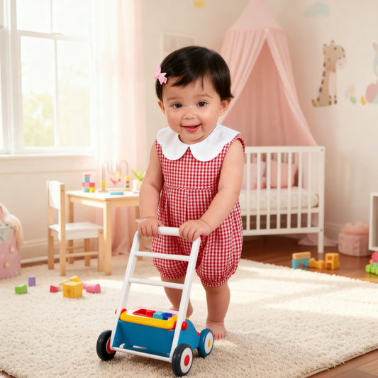 Red Gingham Sleeveless Girl Bubble With Scalloped Collar
