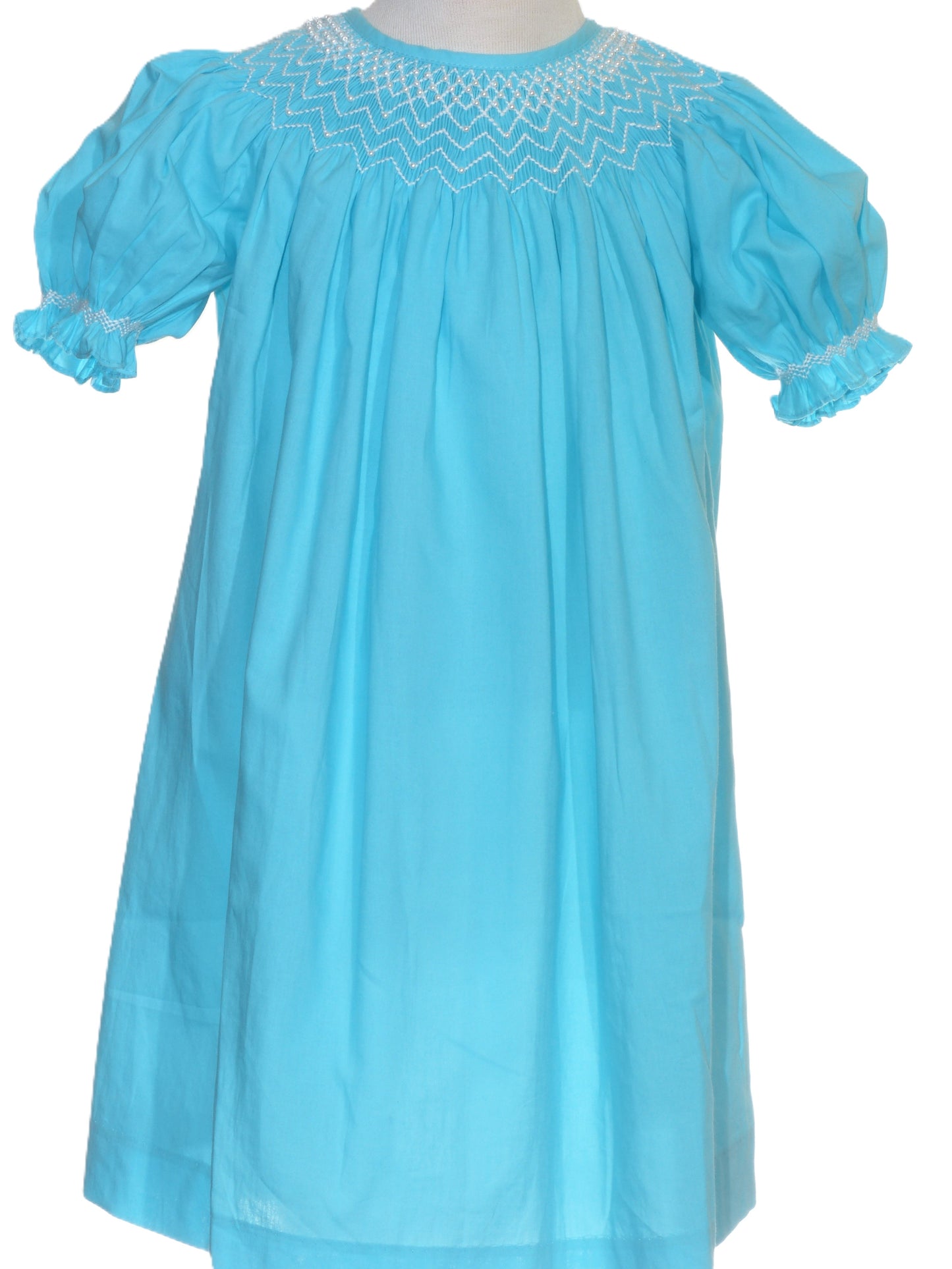 Blue Geo Smocked With Pearls Short Sleeve Bishop Dress