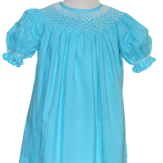 Blue Geo Smocked With Pearls Short Sleeve Bishop Dress