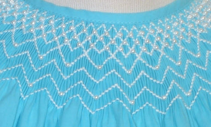 Blue Geo Smocked With Pearls Short Sleeve Bishop Dress
