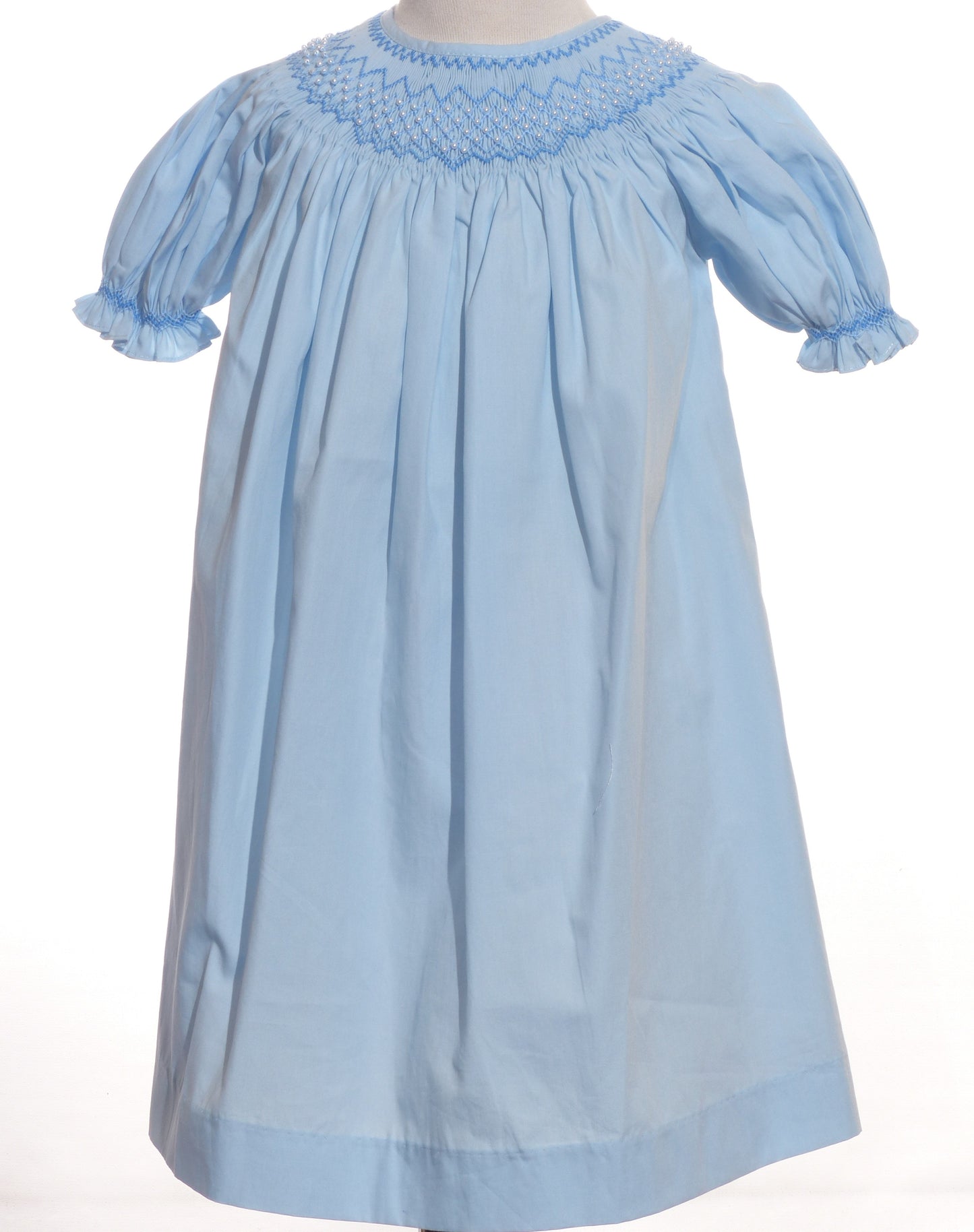Blue Geo Smocked With Pearls Short Sleeve Bishop Dress