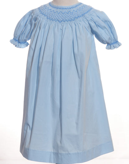 Blue Geo Smocked With Pearls Short Sleeve Bishop Dress
