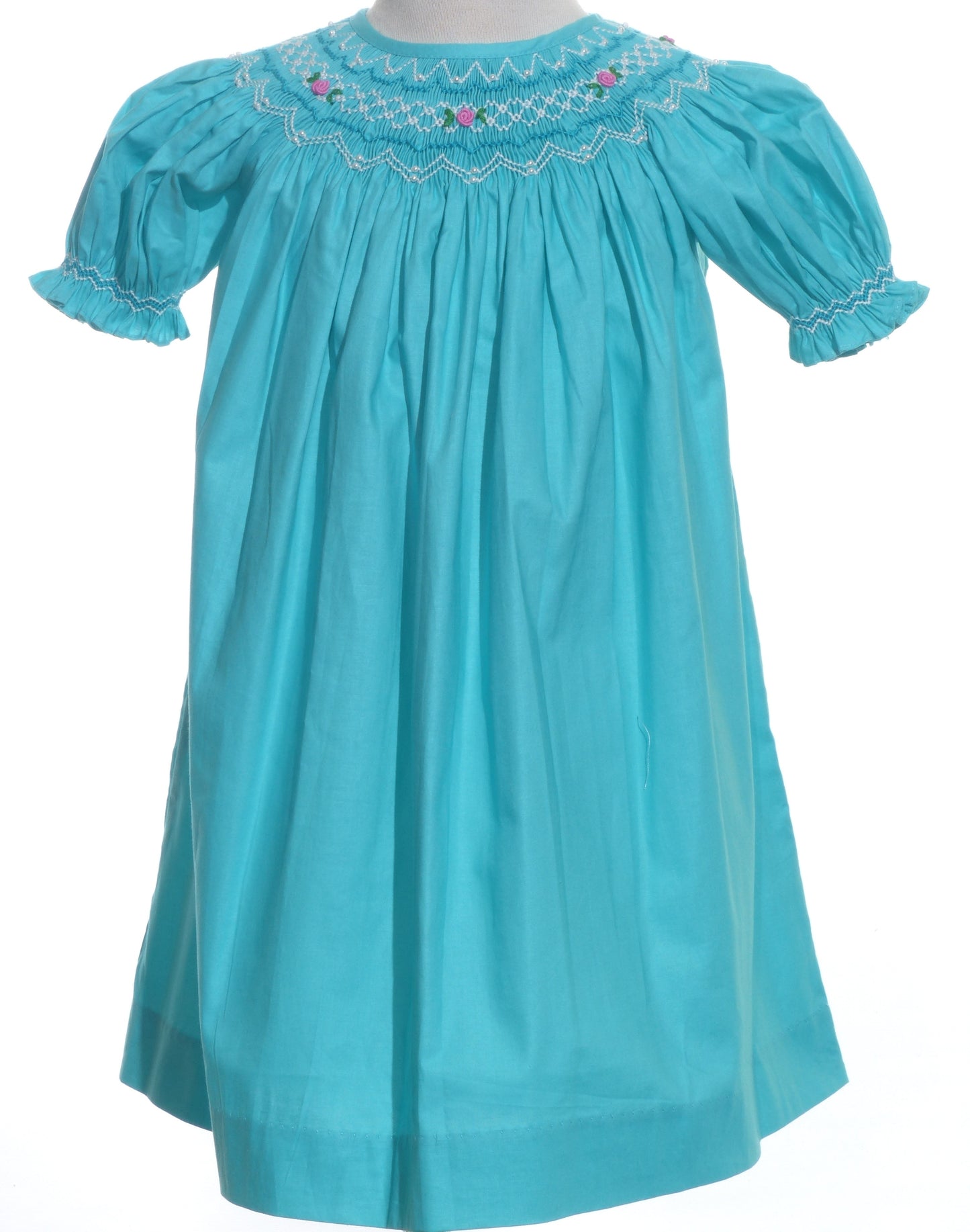 Turquoise Blue Pearl Geometric Smocked Florals Short Bishop Sleeve Dress