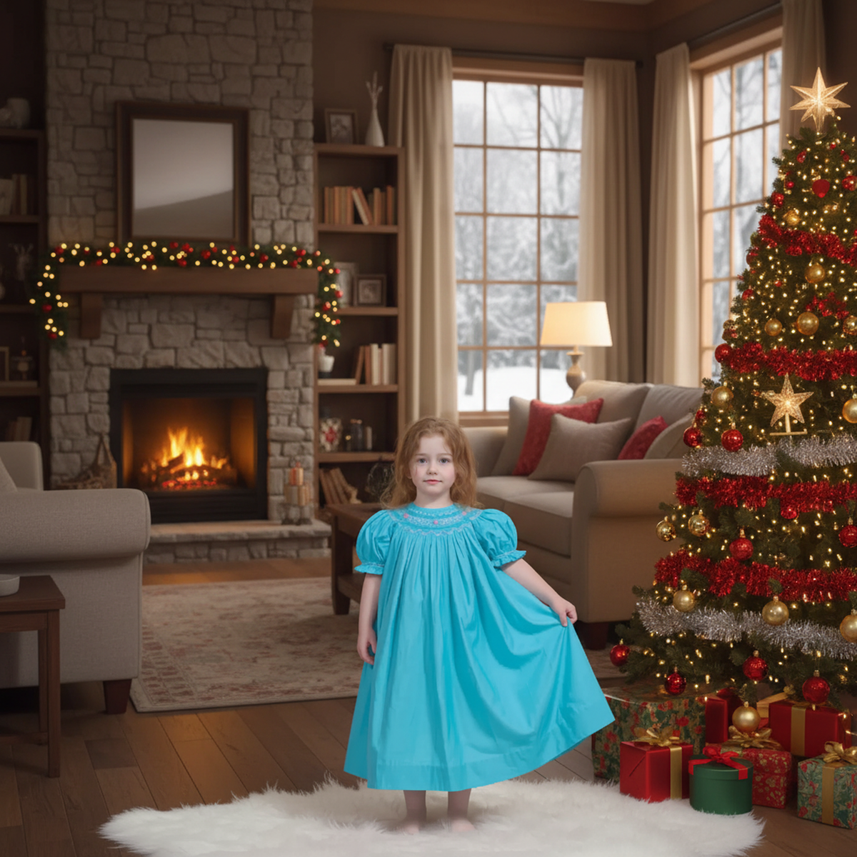 Turquoise Blue Pearl Geometric Smocked Florals Short Bishop Sleeve Dress