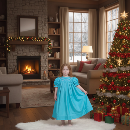 Turquoise Blue Pearl Geometric Smocked Florals Short Bishop Sleeve Dress
