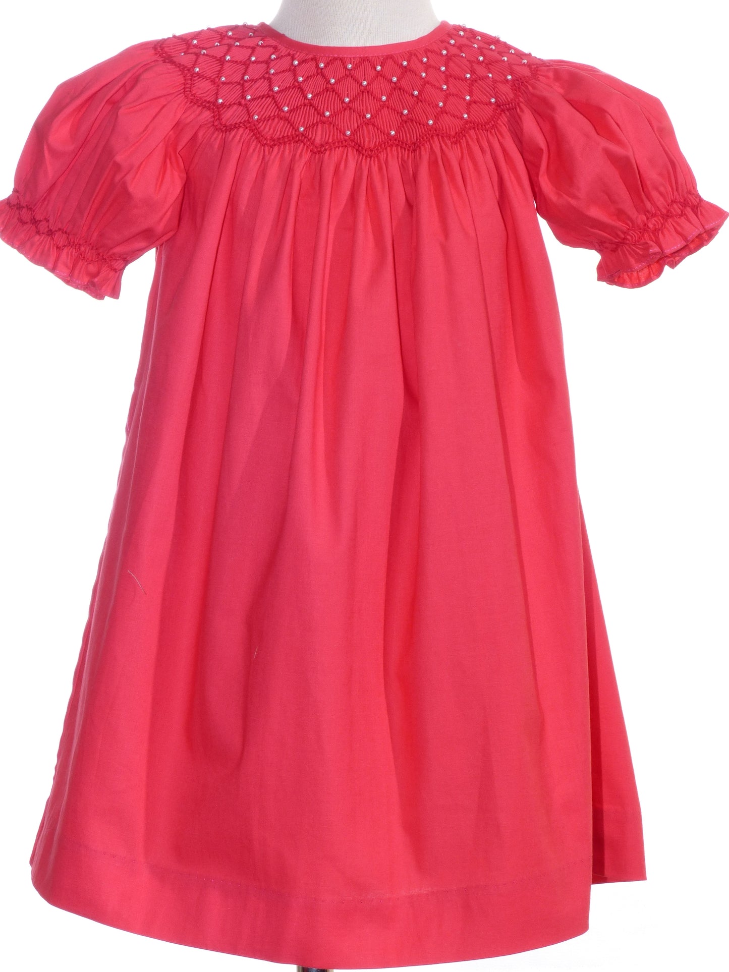 Red  Pearl Smocked With Short Bishop Sleeve Dress