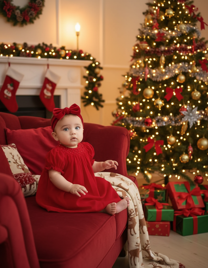 Red  Pearl Smocked With Short Bishop Sleeve Dress