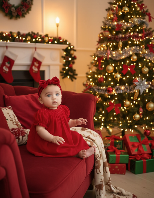 Red  Pearl Smocked With Short Bishop Sleeve Dress