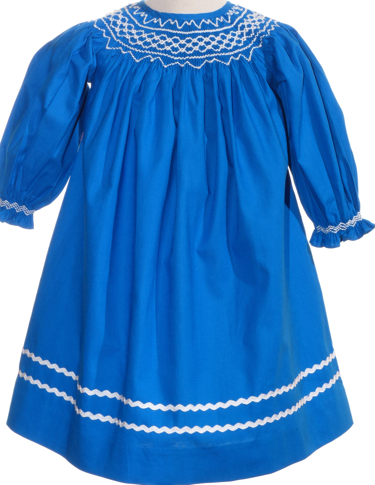 Blue Pearl Geometric Smocked With Long Bishop Sleeve Dress