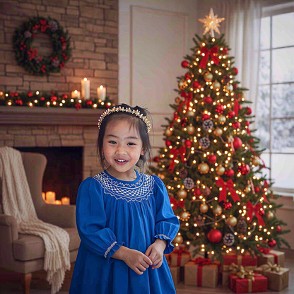 Blue Pearl Geometric Smocked With Long Bishop Sleeve Dress