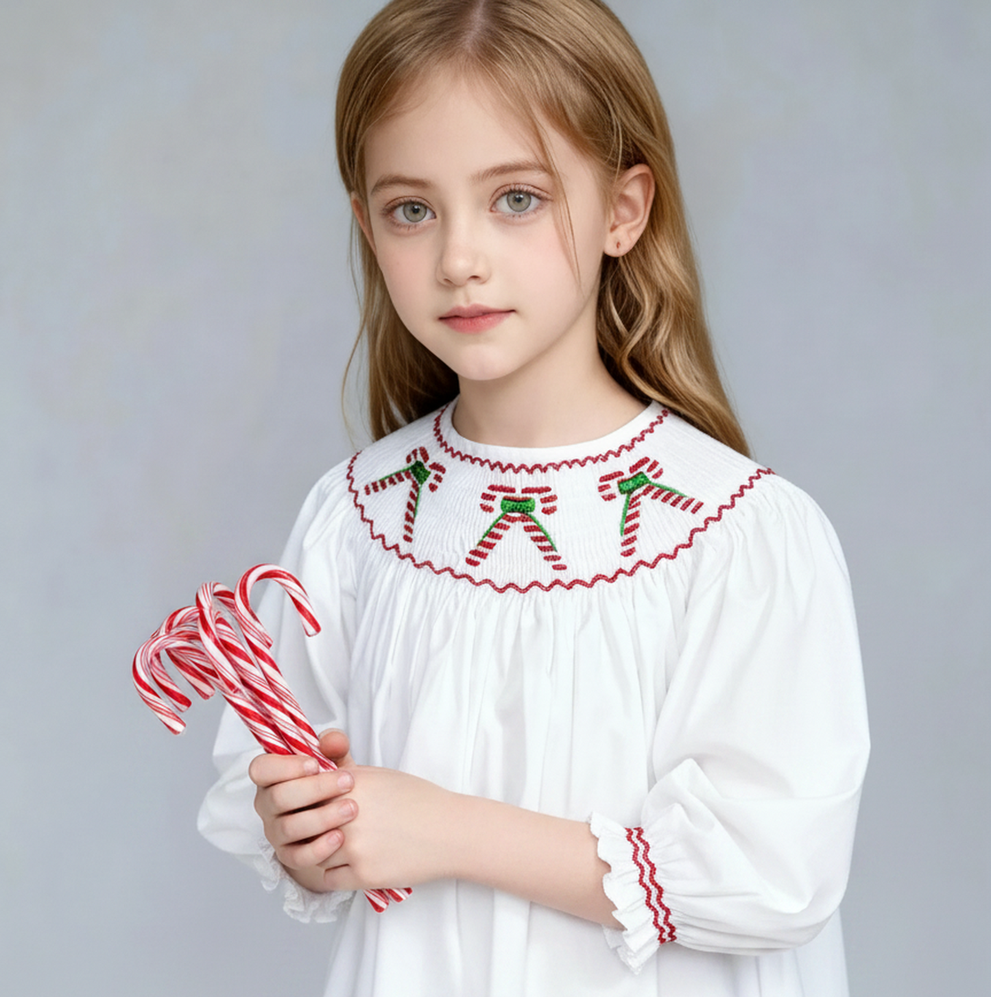 White CANDY CANE Smocked Long Bishop Sleeve Dress (Copy)