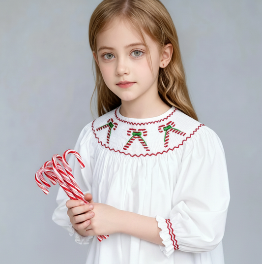 White CANDY CANE Smocked Long Bishop Sleeve Dress (Copy)